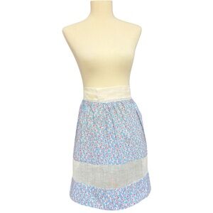 Vintage Floral Apron Blue Pink Cottagecore Handmade Waist Tie, Mid Century Cute